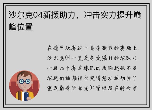 沙尔克04新援助力，冲击实力提升巅峰位置